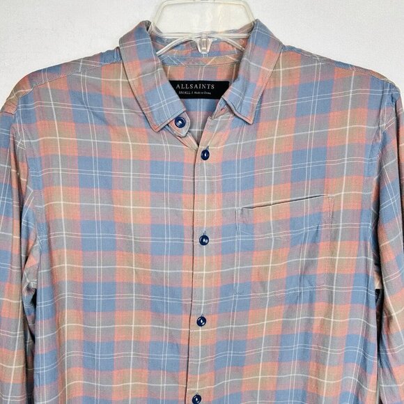 ALL SAINTS Men's Button-Down Matheson Shirt Sz S Muted Plaid Blue Pink Stretch - Picture 2 of 7